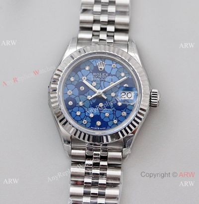 TWS Factory Replica Rolex Datejust 28mm Watch Blue Floral Dial Diamond Markers NH05 